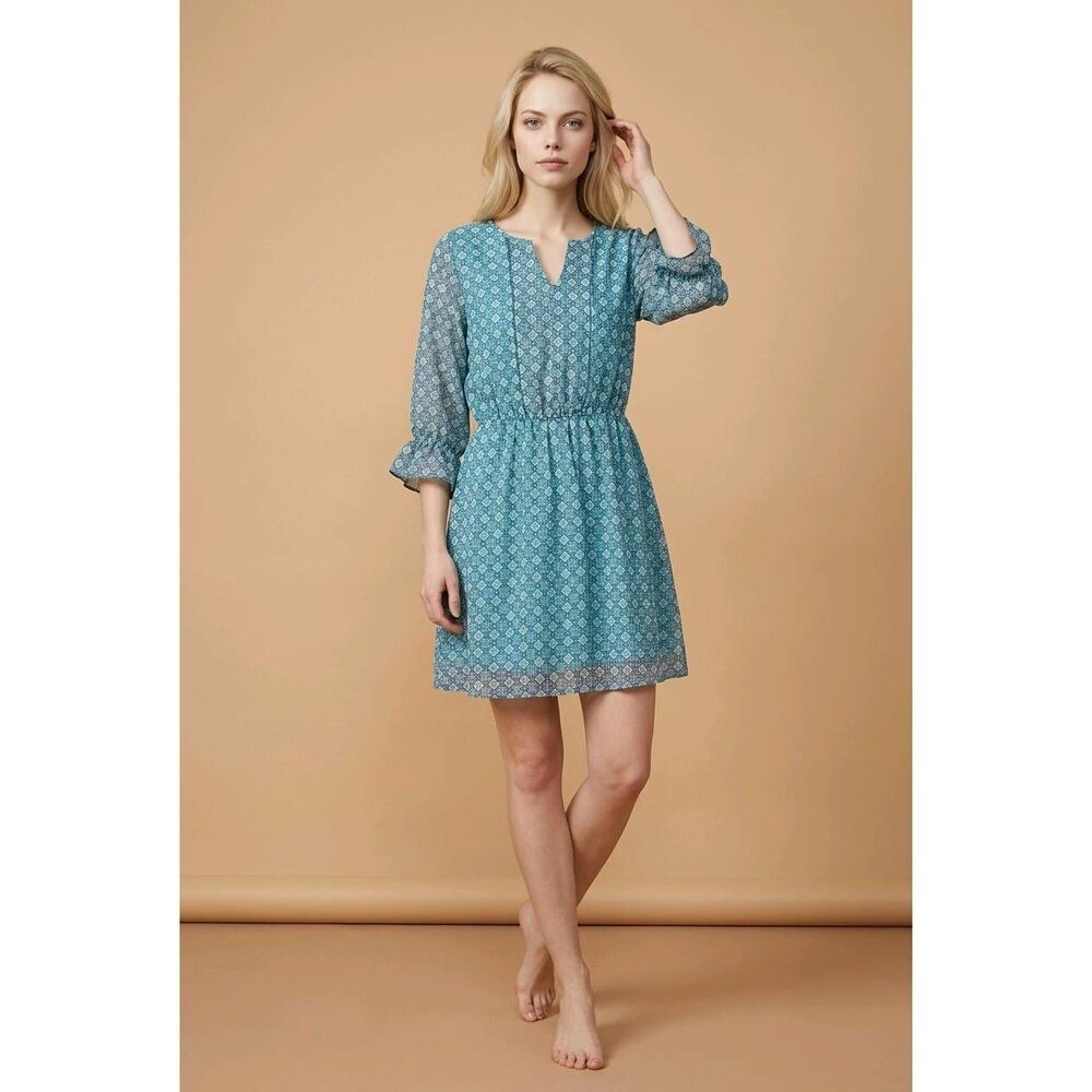 🍑Ezra Turquoise Split Neck Geometric Print 3/4 Sleeve Dress Large